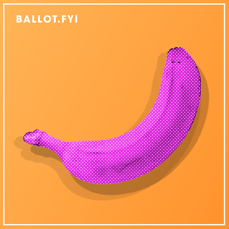upside down banana colored purple and half-toned on an orange background with ballot.fyi label in top left